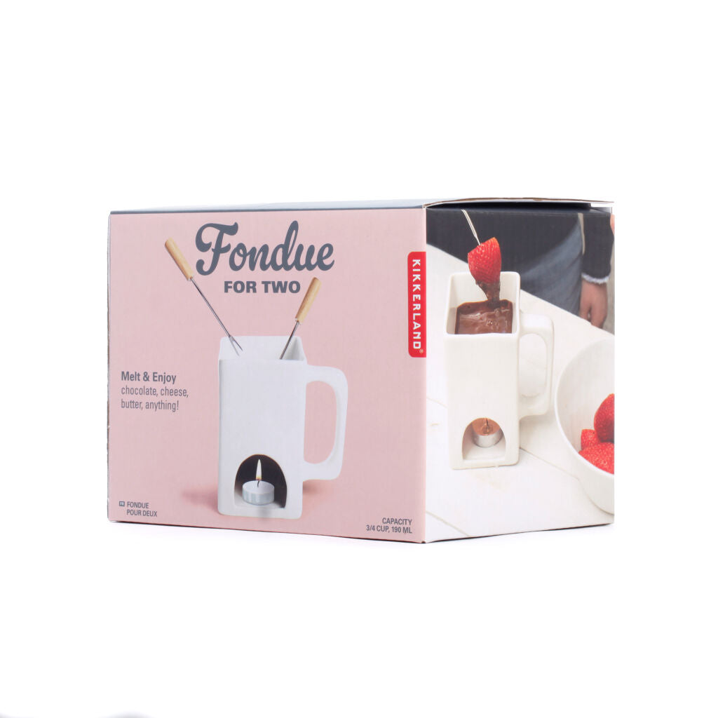 Kikkerland fondue set for two in white ceramic; includes two forks and holds 3/4 cup.
