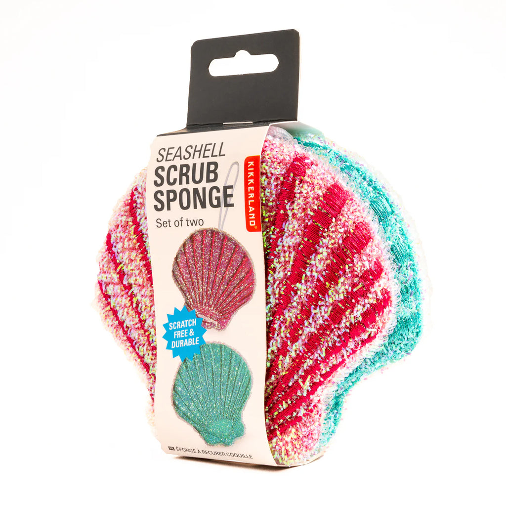 Seashell-shaped scrub sponges, pink and teal, glitter finish. Set of two. Scratch-free and durable.