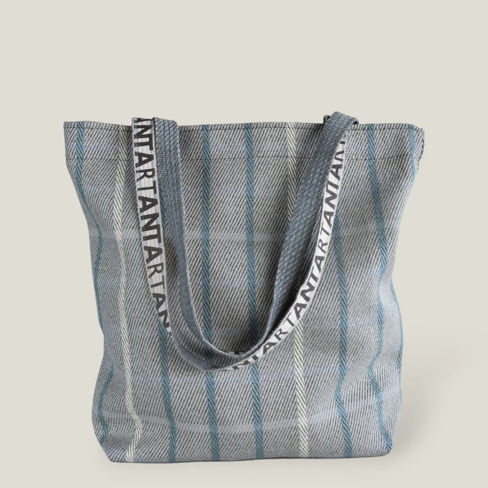 Blue and gray striped tote bag with "ANTARTIAN" printed on the straps.