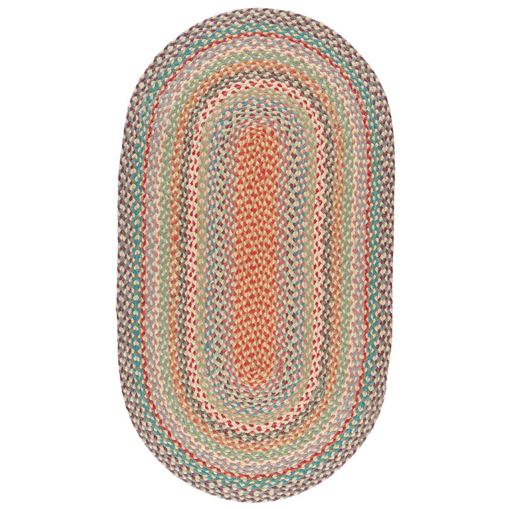 Oval braided rug with multicolored stripes in shades of red, orange, green, blue, and beige.