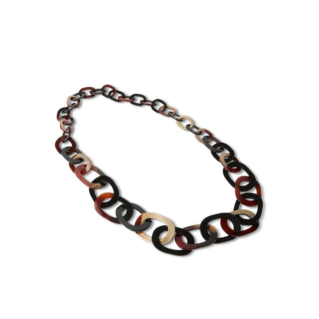 Multicolored tortoiseshell necklace with large oval links forming a chain.