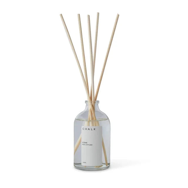 Chalk UK diffuser with a sleek glass bottle and natural wood reeds, creating a minimalist aesthetic.