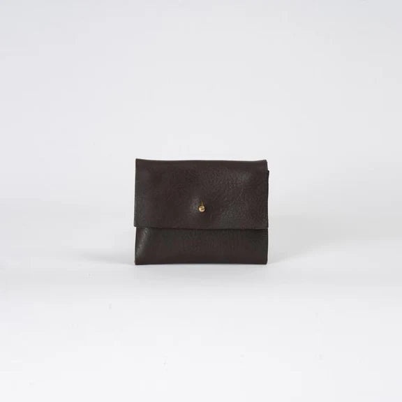 Dark brown leather wallet with a small gold button closure.