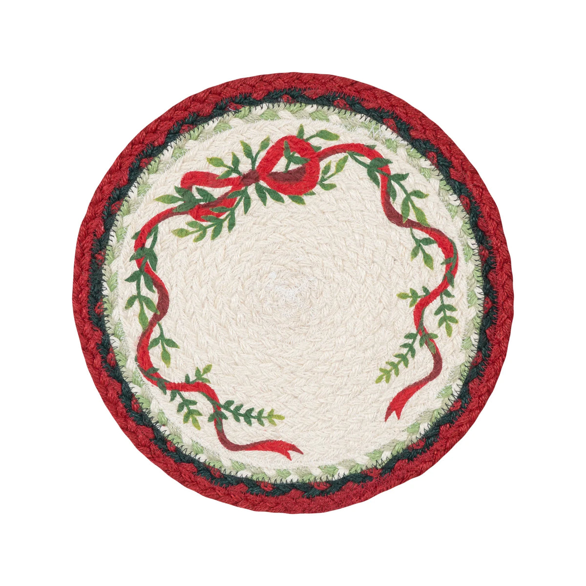 A round braided placemat with a festive holiday design, featuring a cream center, a red ribbon and green holly wreath border, and a thick red outer braided edge.