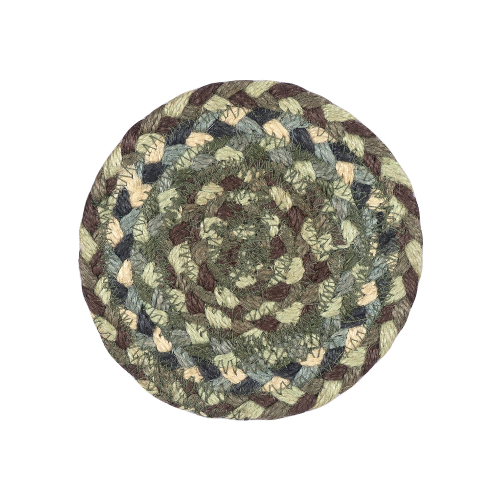 Round braided jute coaster in greens, browns, and beige.