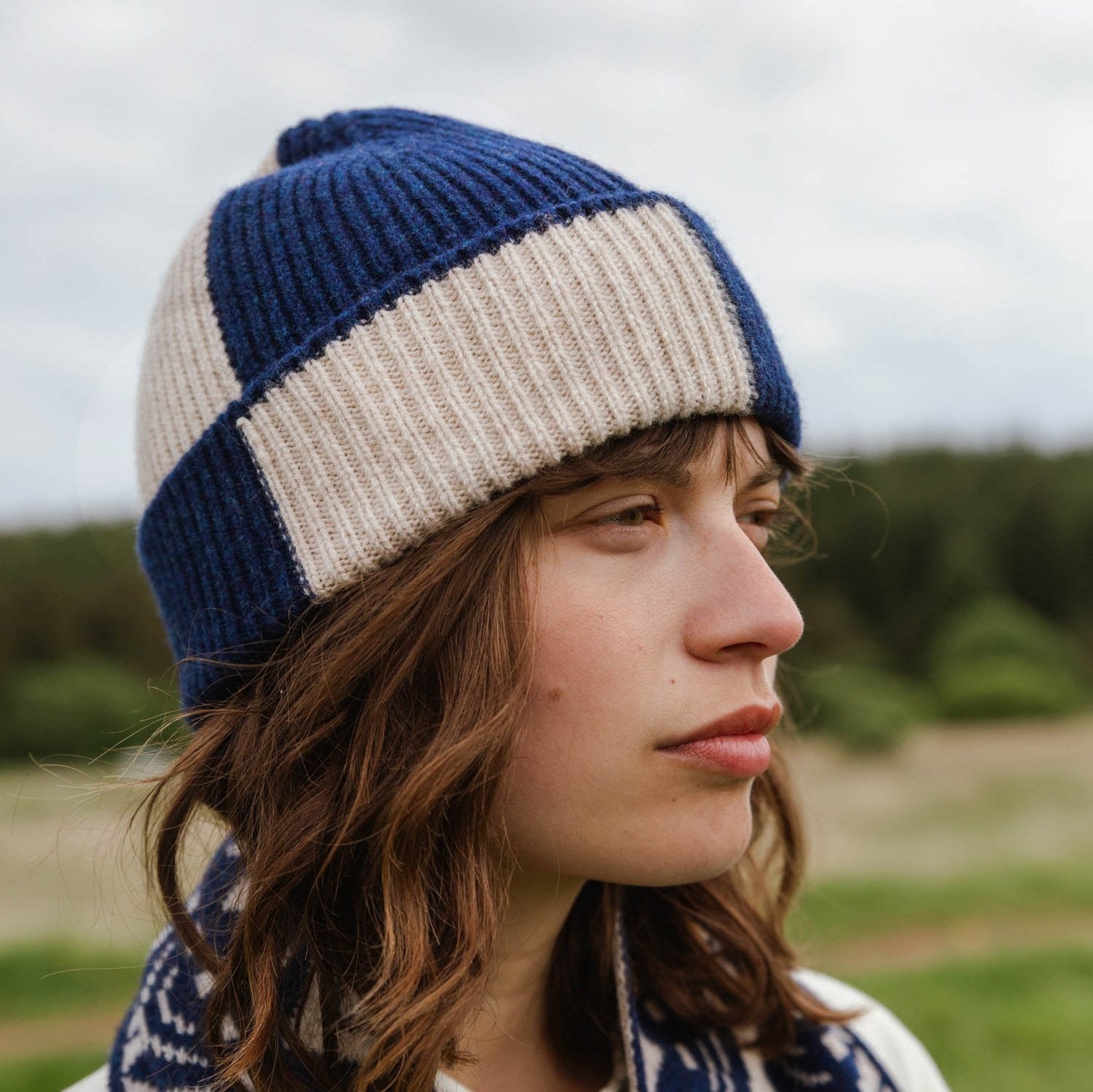 Two-toned ribbed knit beanie.  Navy blue and beige wool.