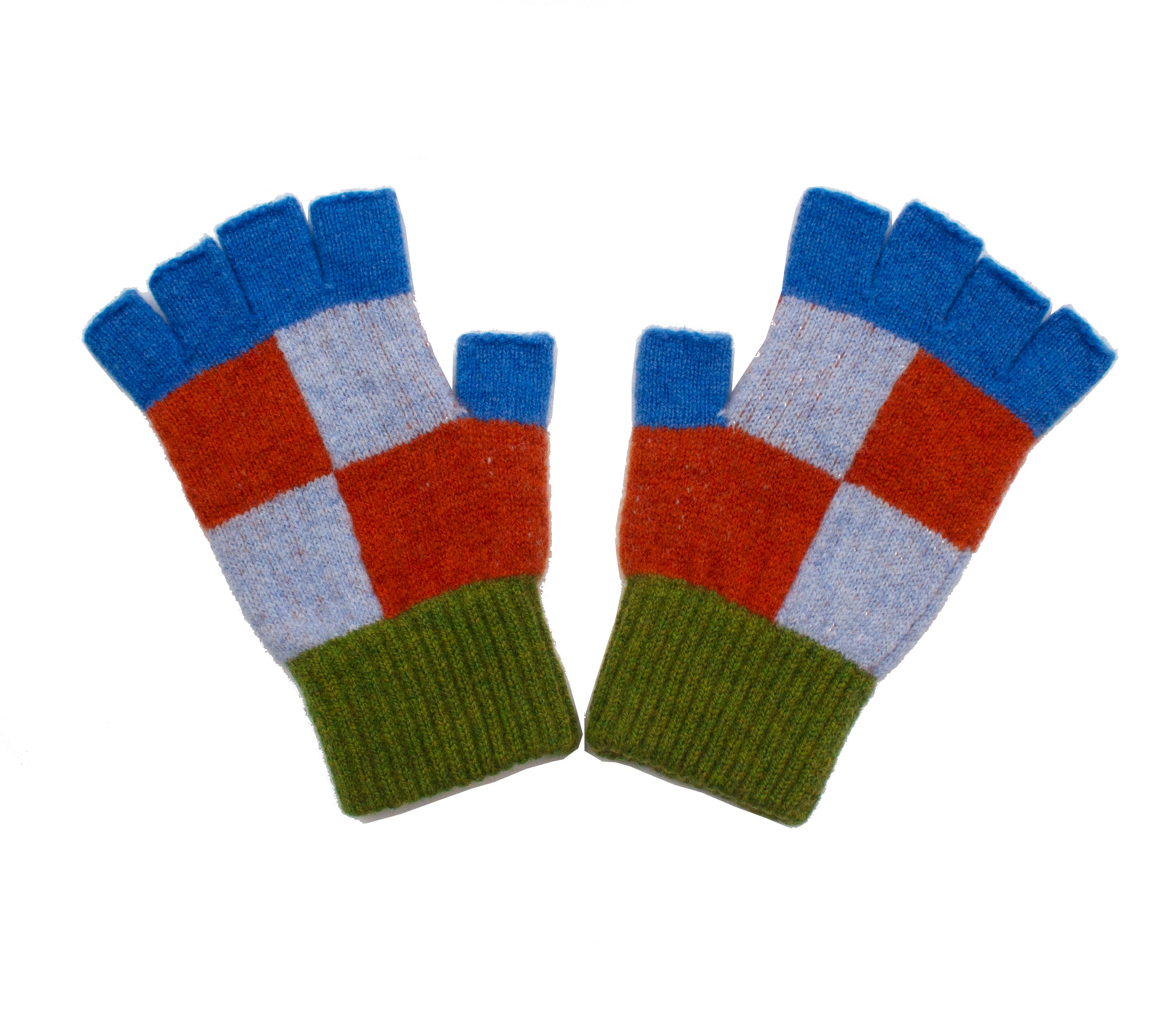 Pair of fingerless gloves in blue, orange, light blue, and green checkered pattern.  Knitted wool with ribbed cuffs.