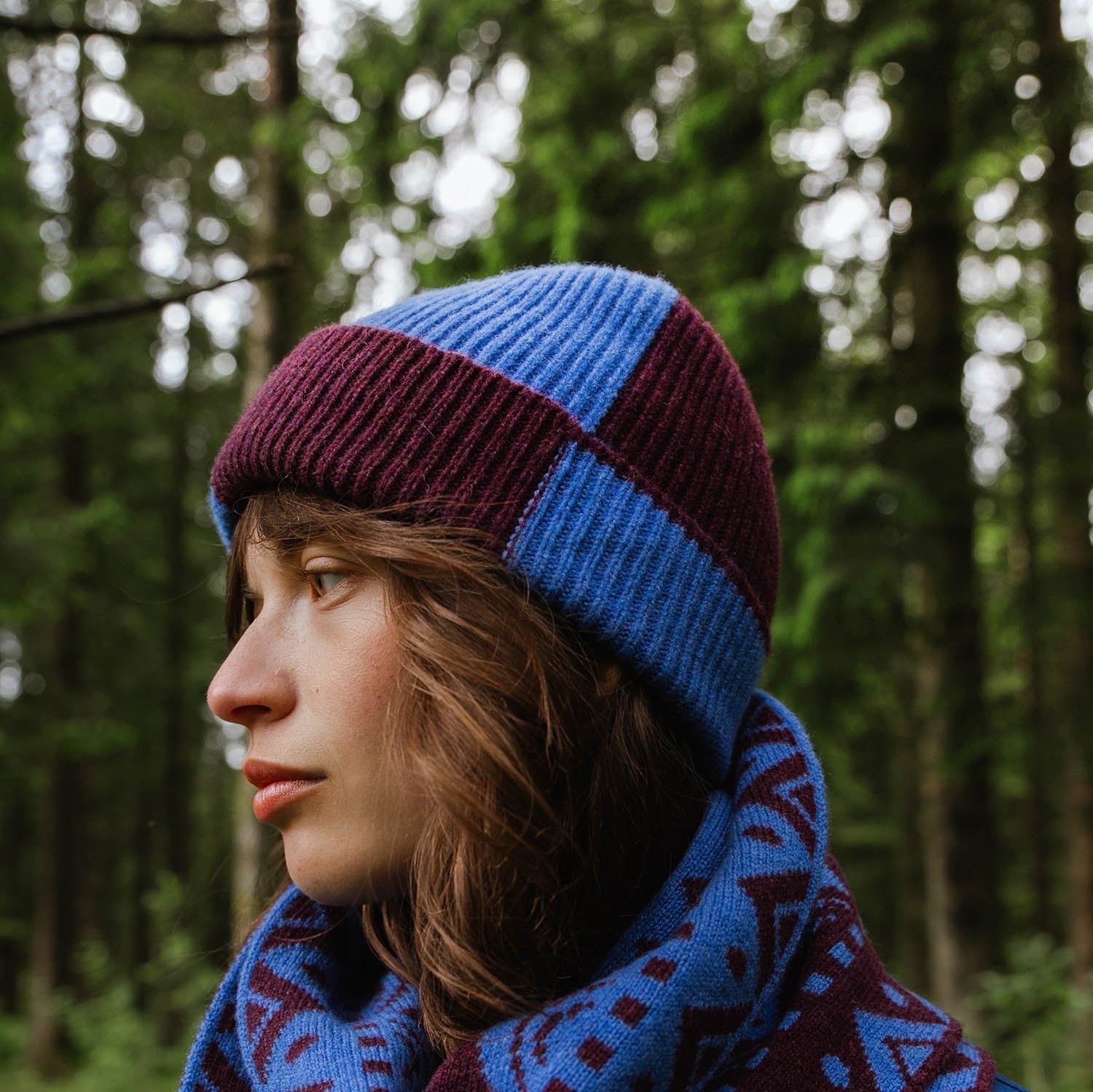 Blue and burgundy color-blocked knit beanie.