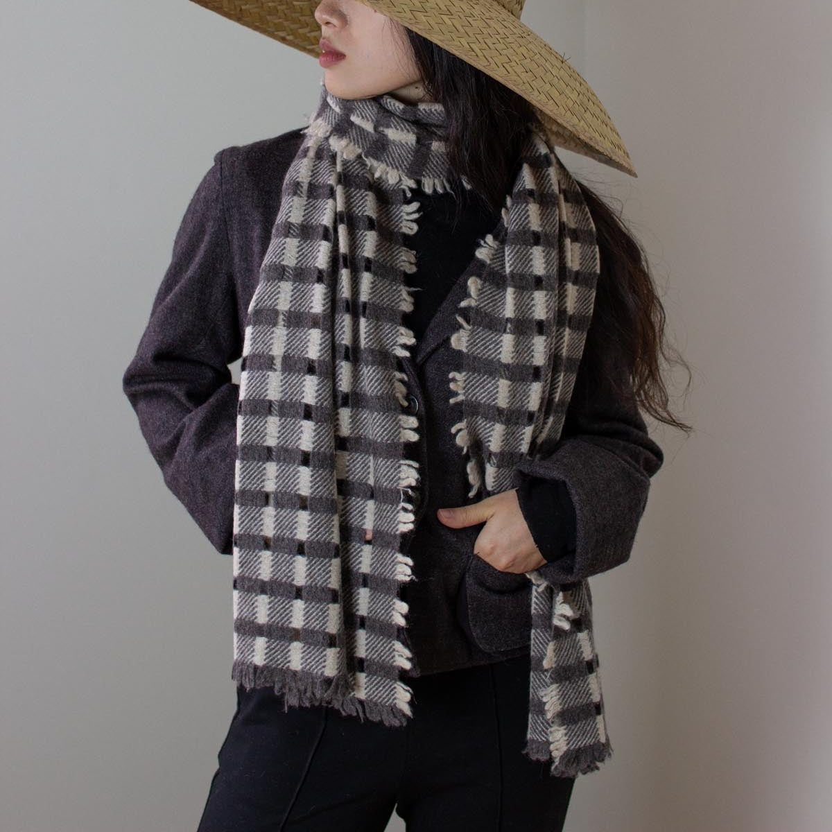 Person wearing a wide-brimmed hat and plaid scarf against a plain background