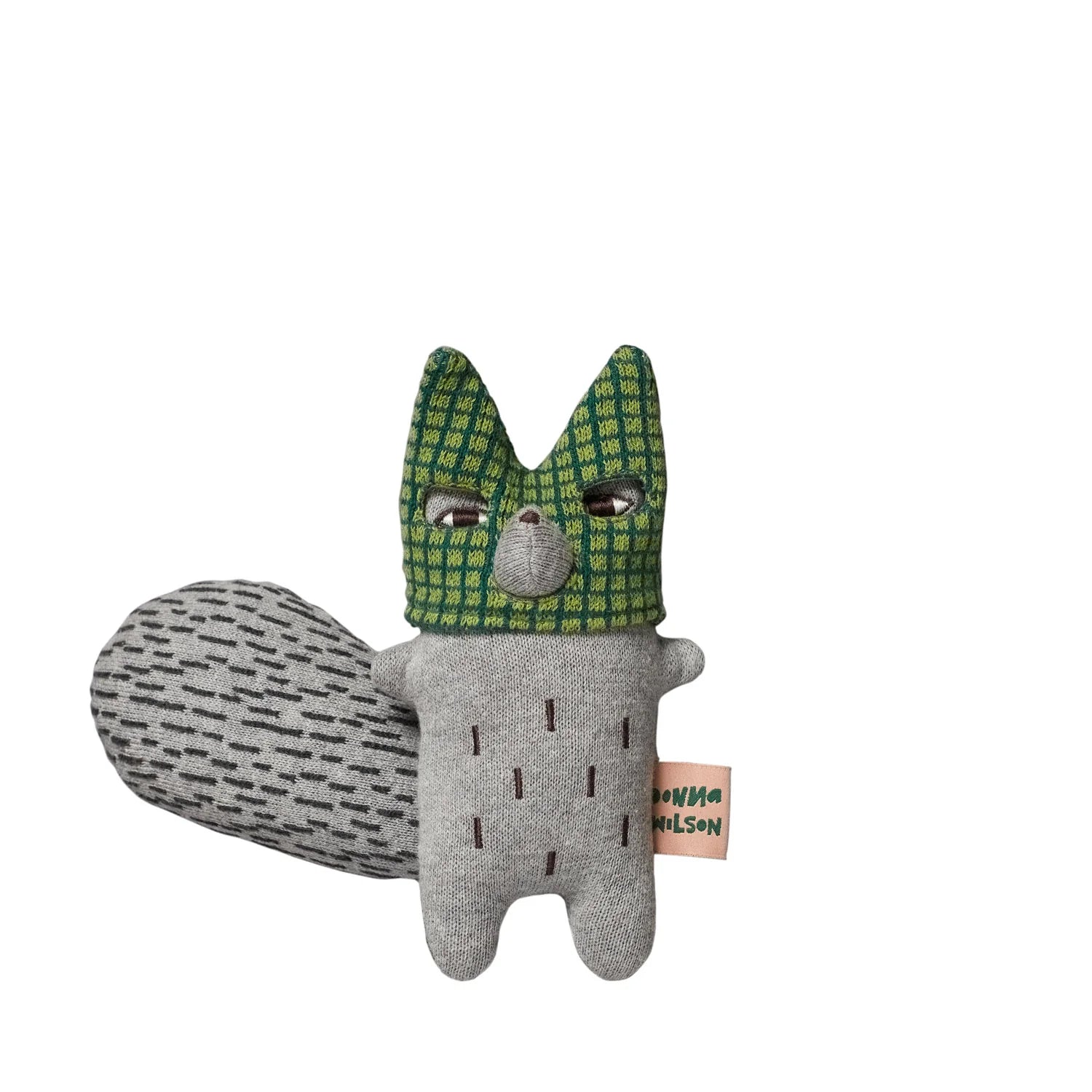 Plush toy fox with green hood on a white background