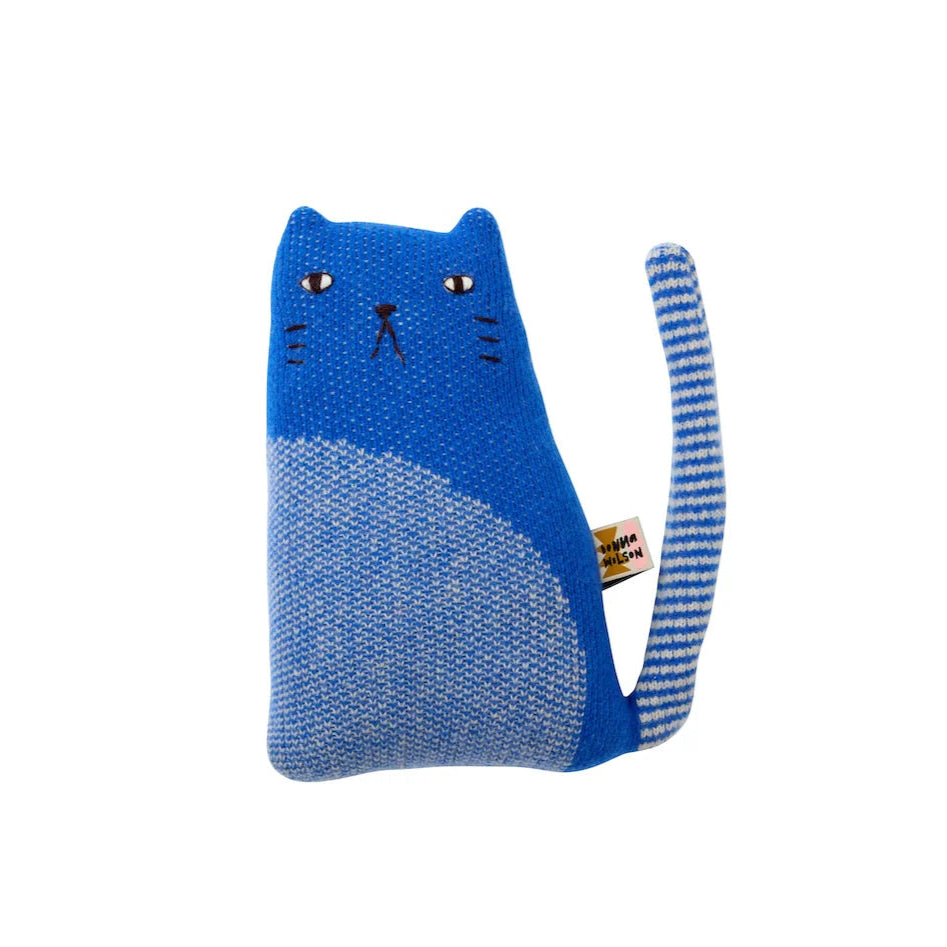 Blue cat-shaped toy with a striped tail on a white background