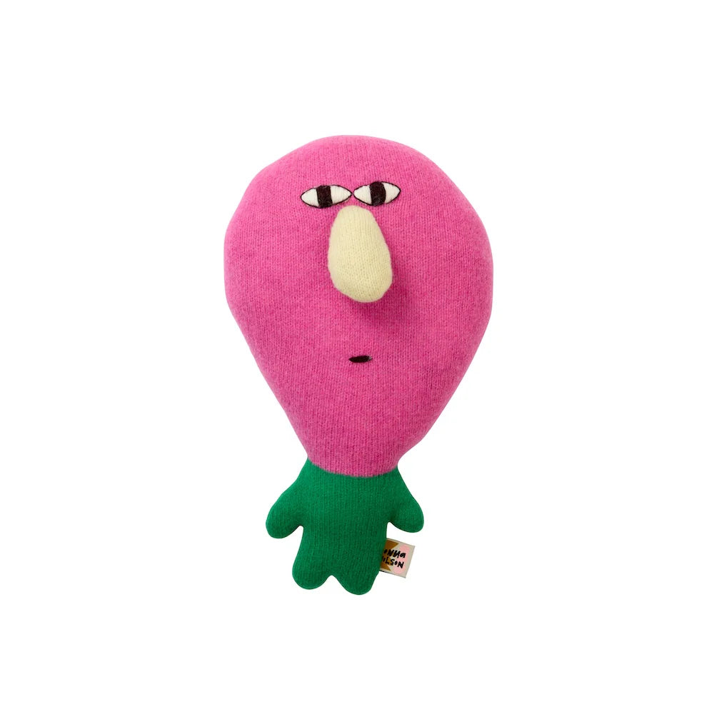 Pink plush toy with a green base on a white background