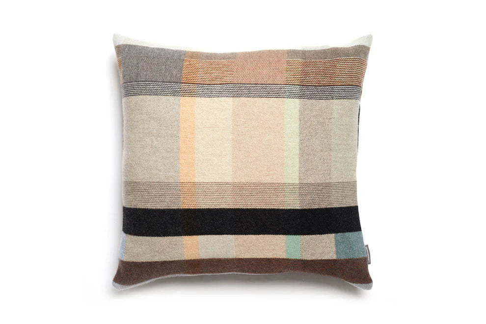 Plaid patterned pillow with horizontal stripes on a white background