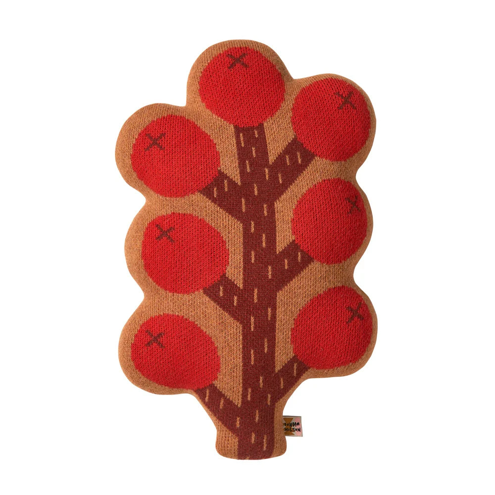 Knitted tree-shaped object with red circles and brown trunk on a white background