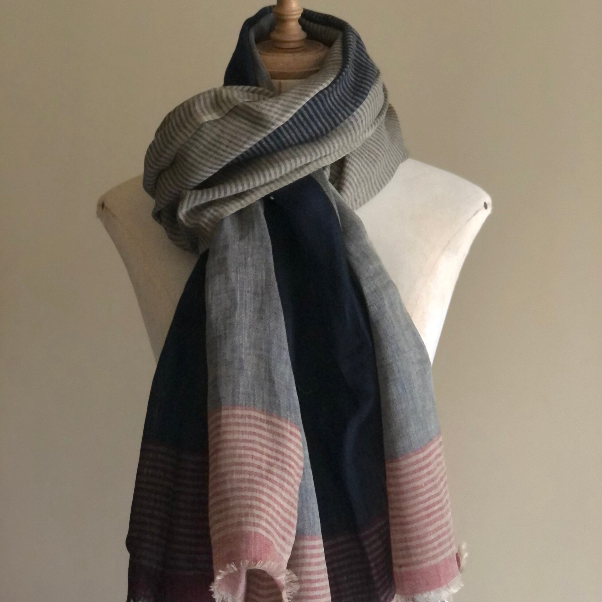 Linen Scarf - Dark Navy & Red Lines
