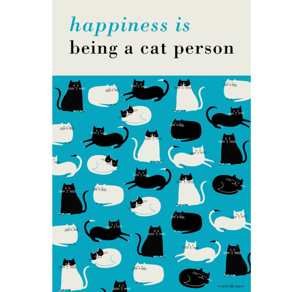 A teal background features a repeating pattern of black and white stylized cats.