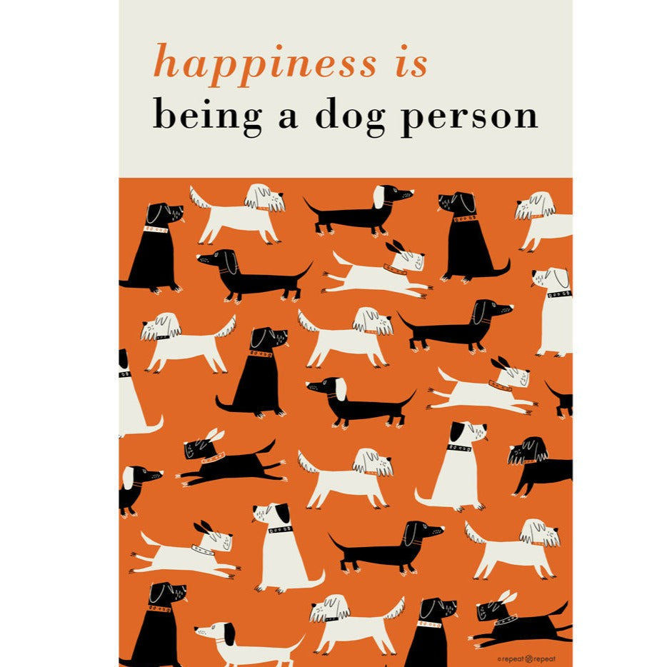 Orange background with repeating pattern of black and white dogs of various breeds; text overlay reads "happiness is being a