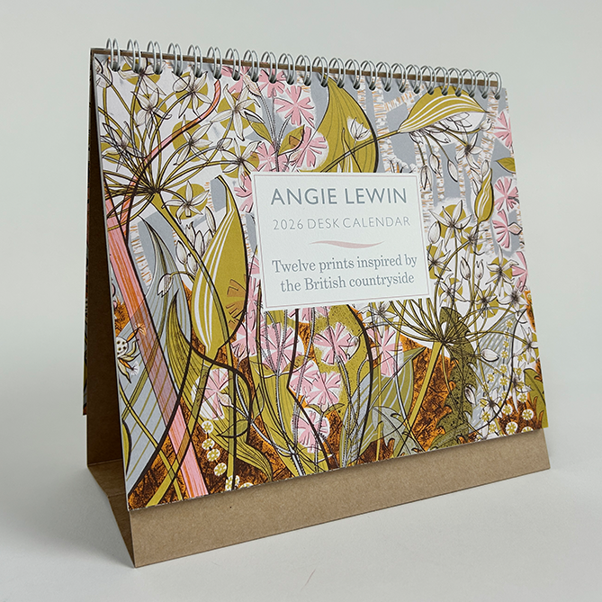 Angie Lewin 2023 desk calendar with floral and nature design on a white background