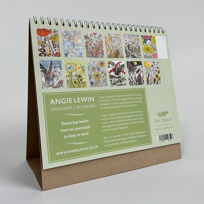 Desk calendar by Angie Lewin with a stand on a white background