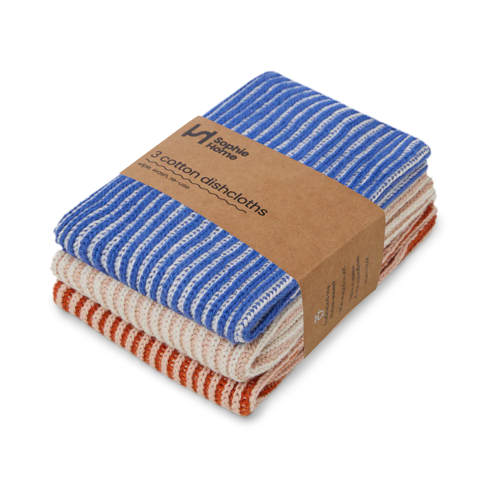 Three striped cotton dishcloths in blue, beige, and orange, packaged together.