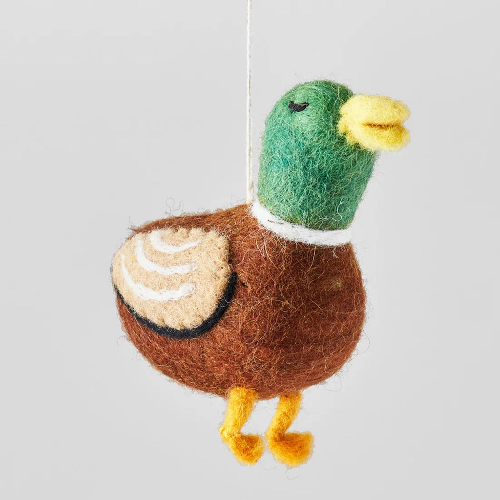 Needle-felted mallard duck ornament; brown body, green head, yellow feet, and beige wing detail.
