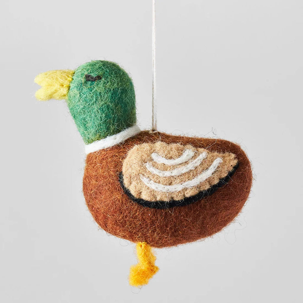 Handcrafted felt mallard duck ornament with brown body, green head, yellow beak and feet, and white wing detail.