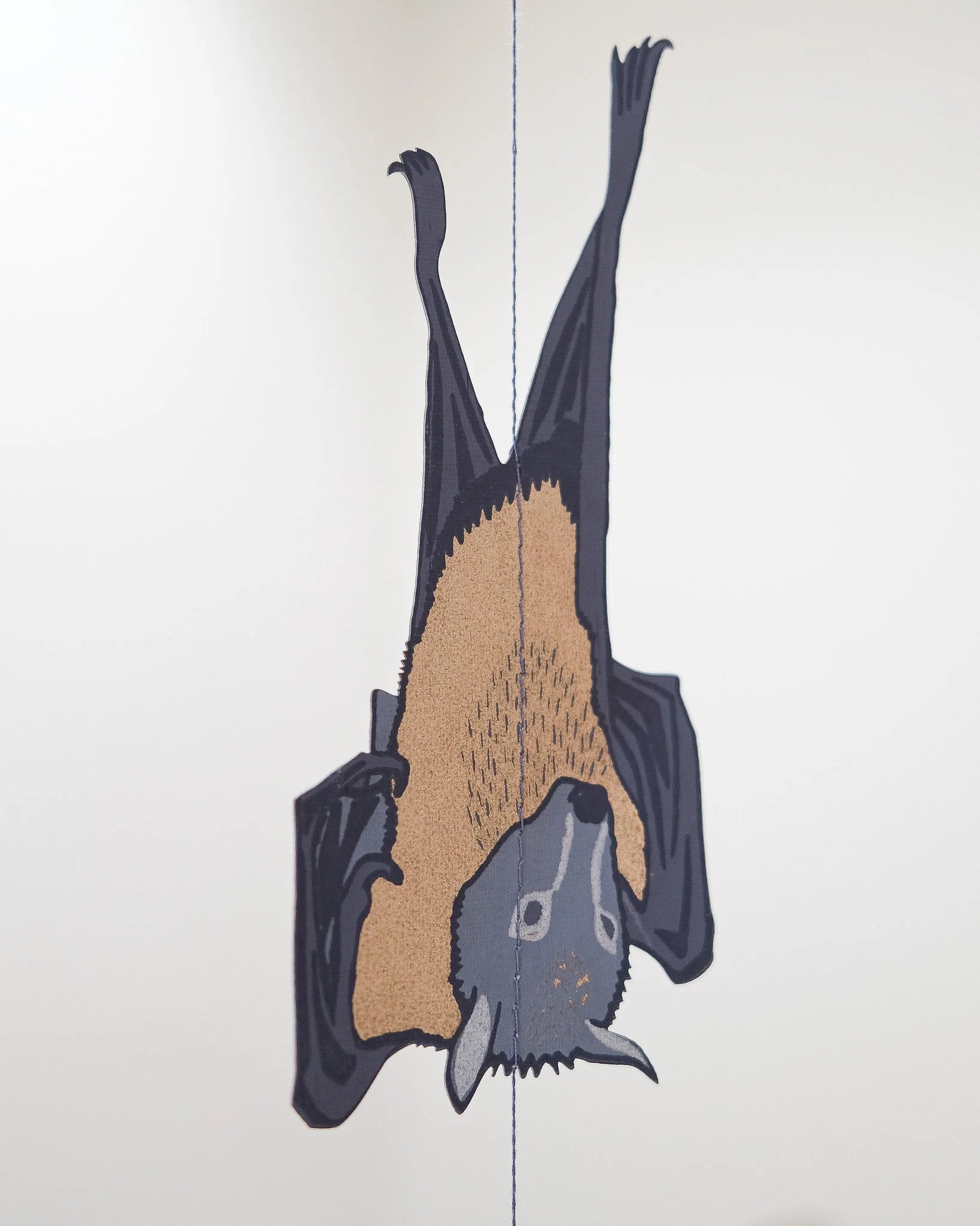 Illustration of a bat hanging upside down on a white background