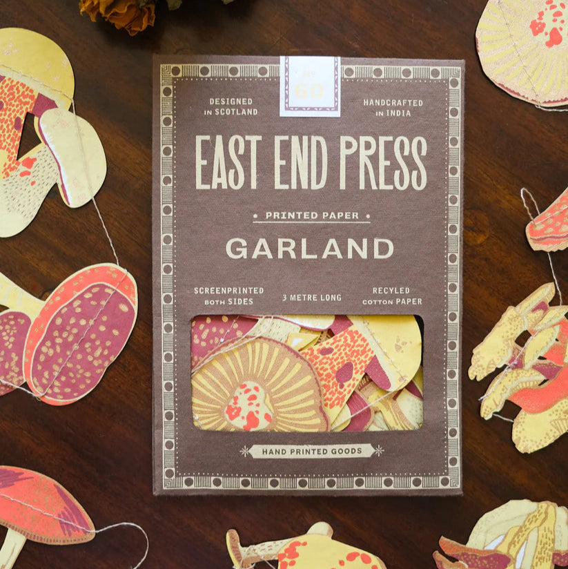 East End Press 3-meter mushroom garland. Screen-printed on recycled cotton paper.  Packaged in brown box.