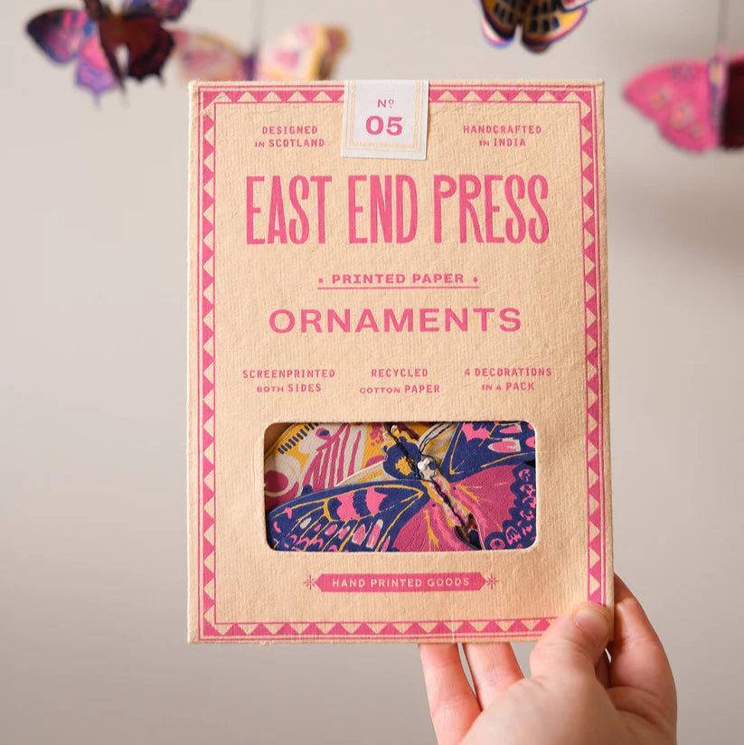 Box of four East End Press screen-printed paper butterfly ornaments.