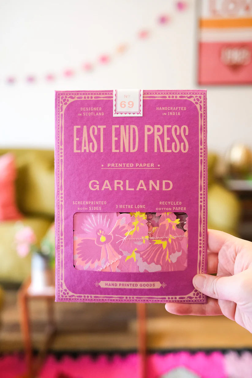 East End Press 3-meter garland in pink floral design.  Screen-printed on recycled cotton paper. Handcrafted in India.