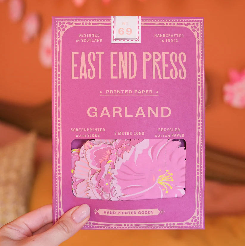 East End Press No. 69 Garland:  A 3-meter-long pink floral garland, screen-printed on recycled cotton paper.