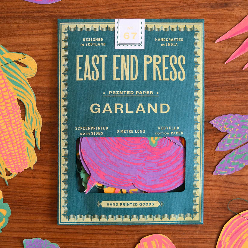 East End Press 3-meter garland; screen-printed vegetable designs on recycled cotton paper.