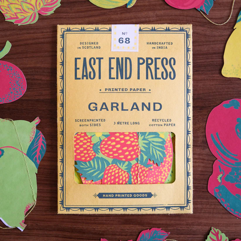 East End Press 3-meter garland; screen-printed fruit design on recycled cotton paper.