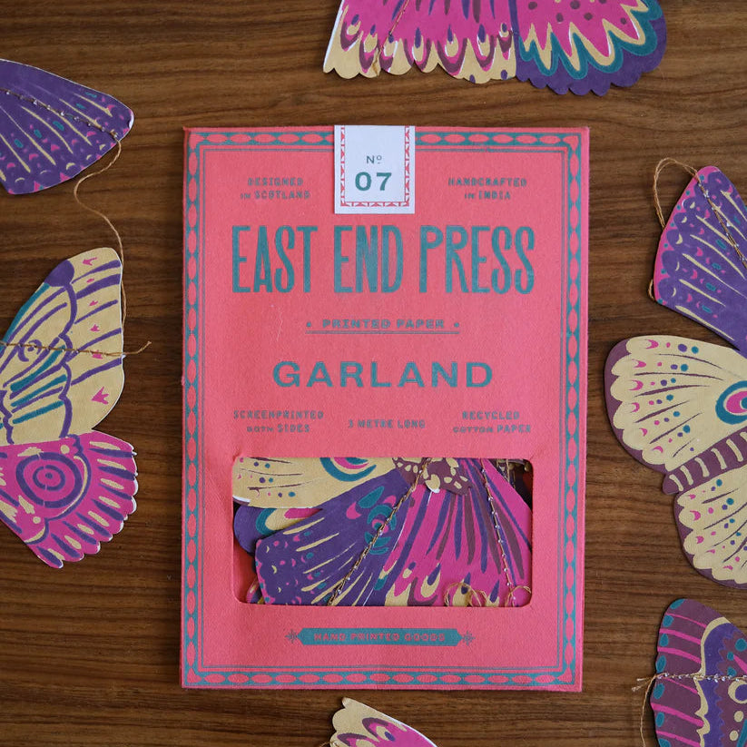 East End Press butterfly garland kit;  3-meter-long, screen-printed on recycled cotton paper.  Pink packaging.