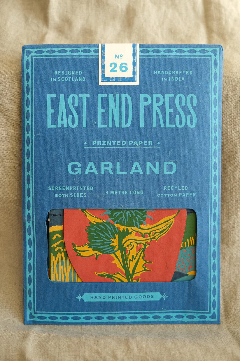 East End Press Garland, No. 26:  A 3-meter-long, screen-printed garland on recycled cotton paper, featuring a thistle design.