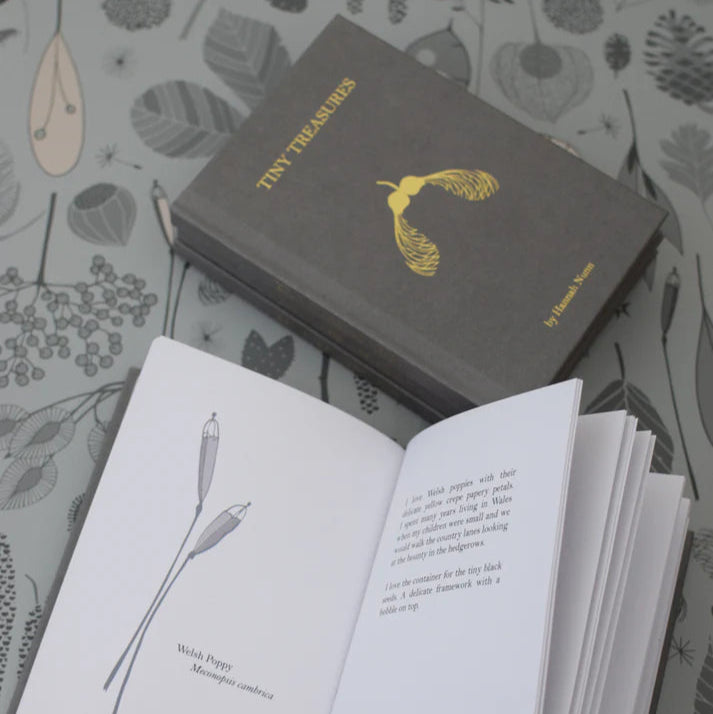 Dark gray hardcover book titled "Tiny Treasures" by Hannah Nunn; features gold foil leaf design.