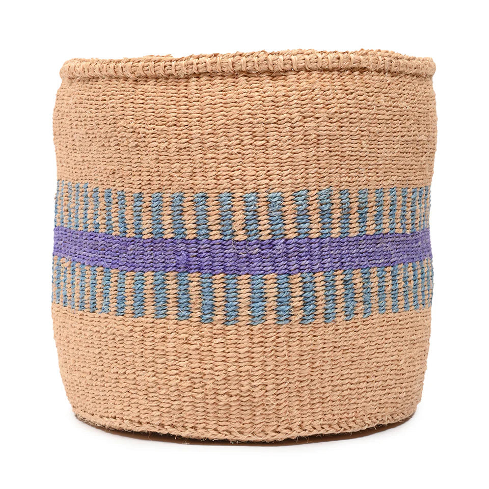 Tan woven basket with a central band of blue and purple stripes.