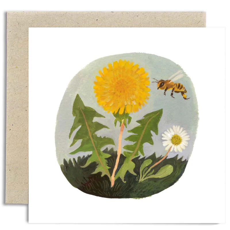 Greeting card with a dandelion and bee illustration on a light blue background