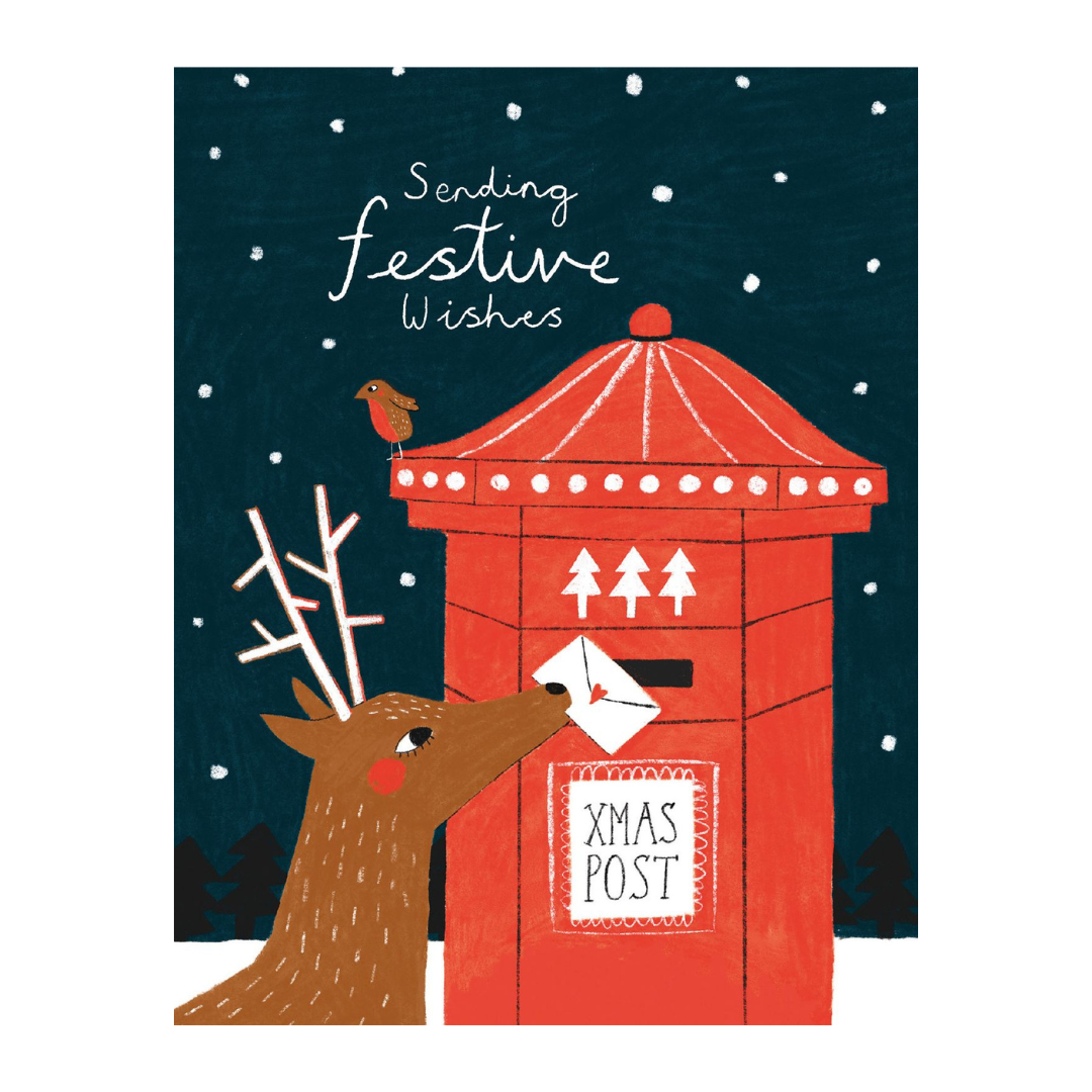 A festive illustrated greeting card design showing a brown reindeer with white antlers beside a red Christmas post box, with a small bird on top and white snow-like dots on a dark blue night sky. The text reads 'Sending Festive Wishes' and 'XMAS POST.