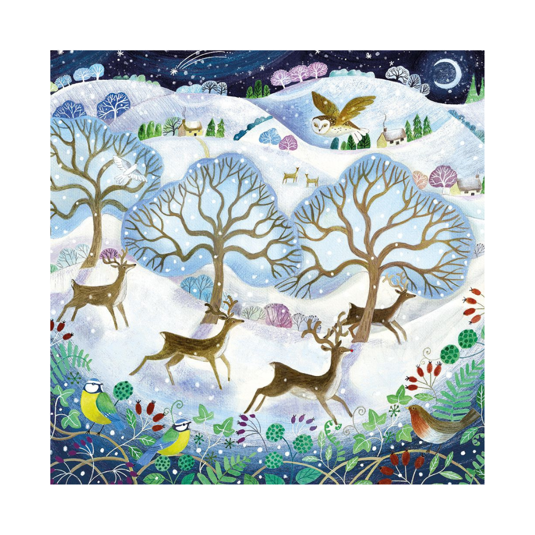 A square art print featuring a whimsical winter woodland scene with snow-covered hills, bare gold-brown trees, deer, birds, and a night sky with stars and a crescent moon, shown against a white background.