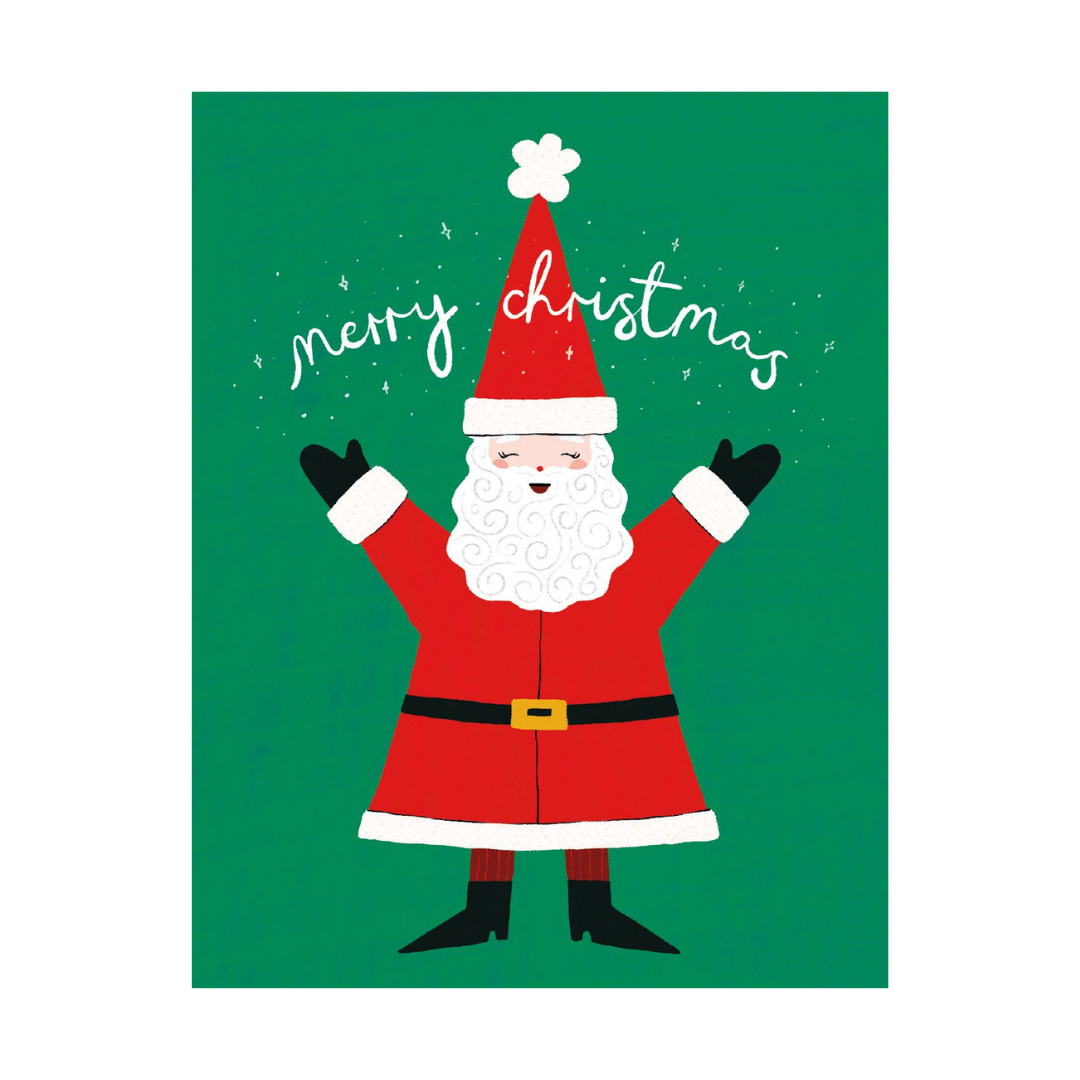 A festive Christmas greeting card featuring a cartoon Santa Claus with outstretched arms on a solid green background, with the words 'merry christmas' in white script above him.