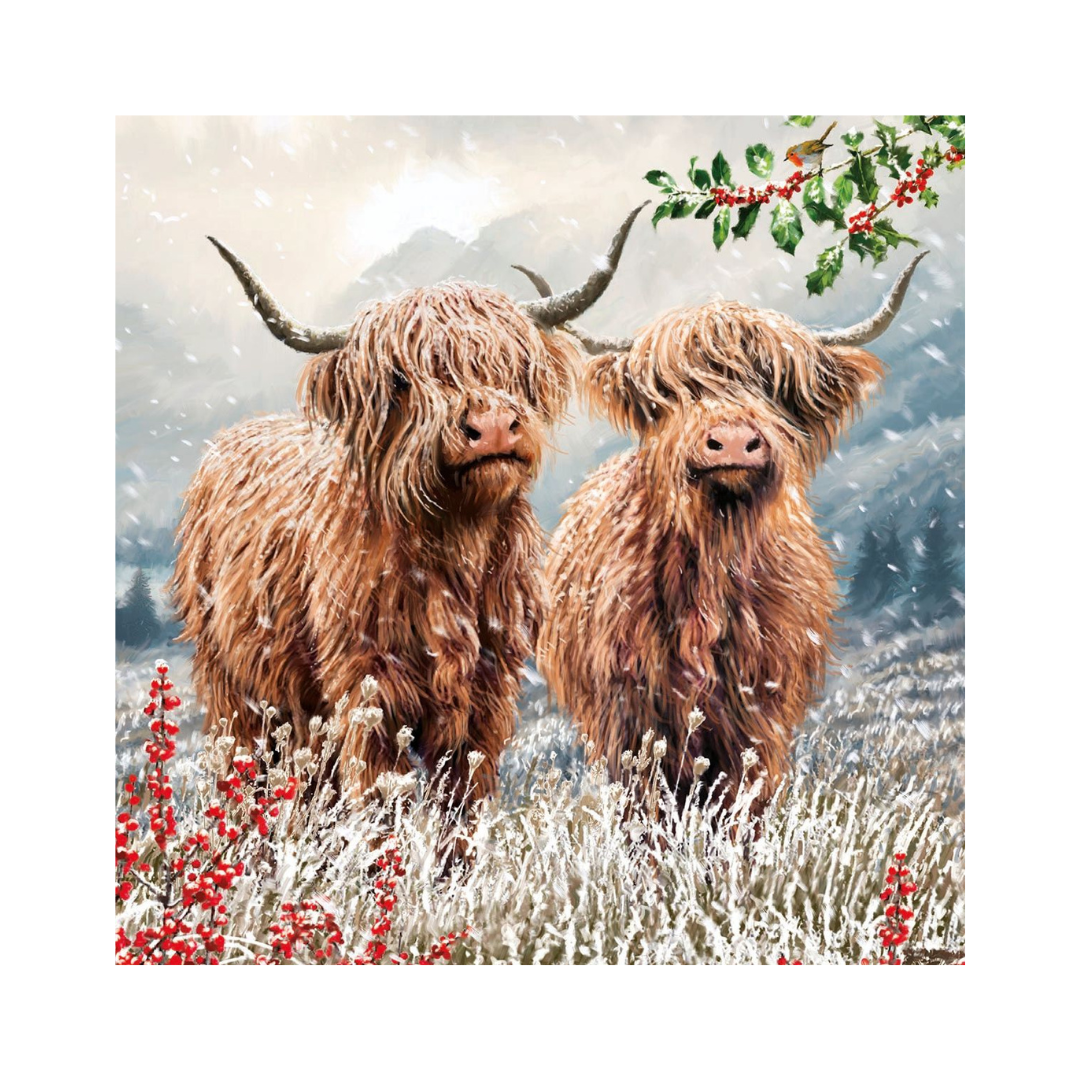 A square art print featuring two shaggy Highland cows standing in a snowy field with red berries, mountains in the background, and a holly branch in the upper right. The print is centered on a white background.