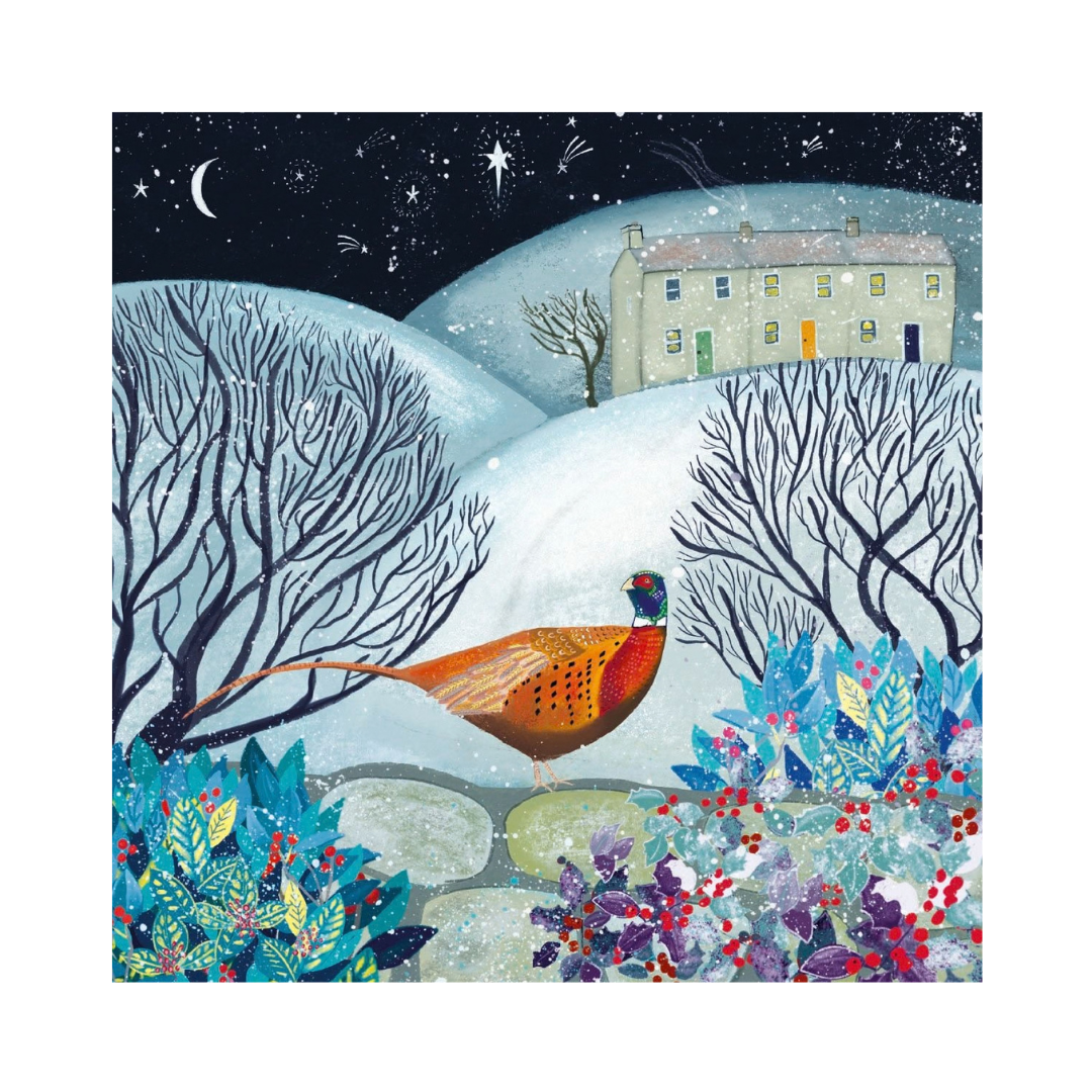 A square art print depicting a whimsical winter night landscape with a pheasant in the foreground, snow-covered hills, bare trees, a cottage under a starry sky, and a crescent moon.