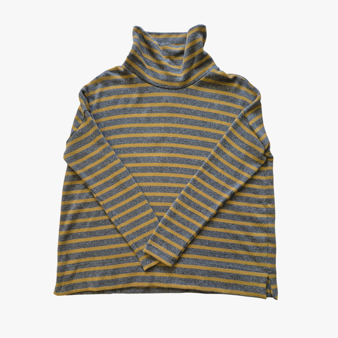 A long-sleeve knit turtleneck sweater with horizontal stripes in mustard yellow and heather gray, laid flat against a light gray background.