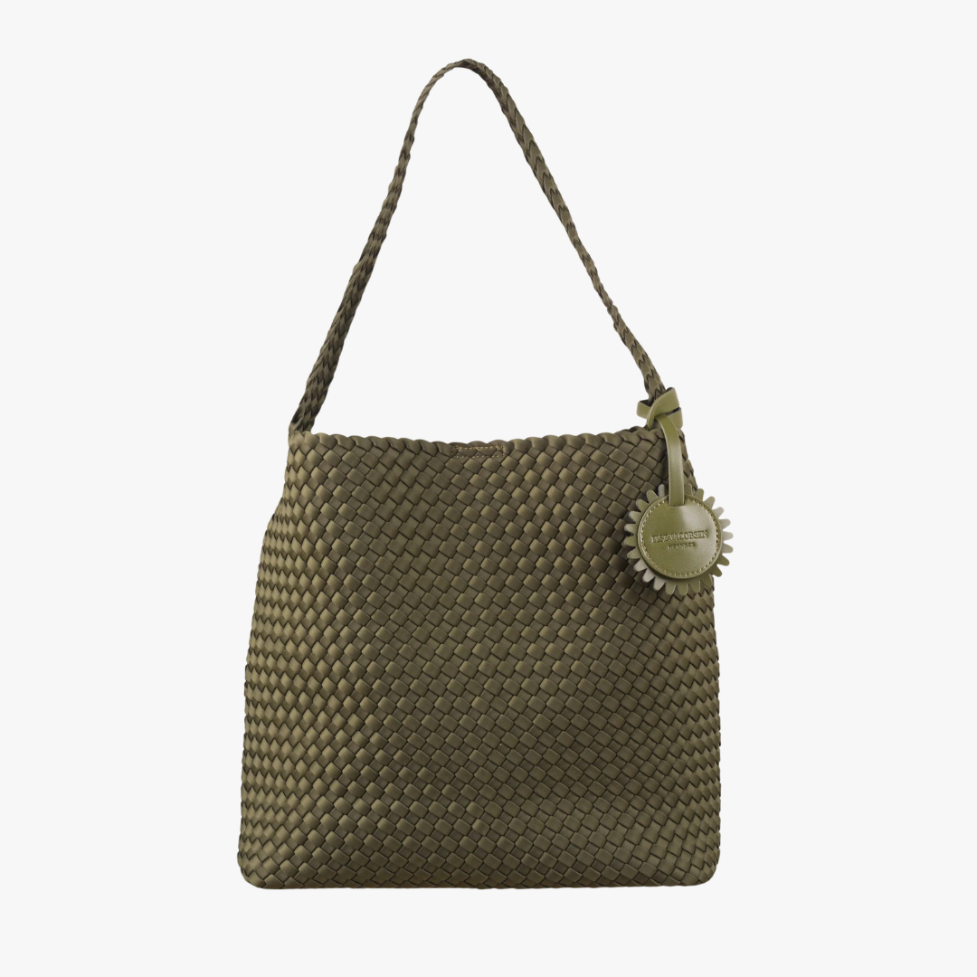 An olive green woven leather shoulder bag with a braided strap and a round branded tag, shown against a plain white background.