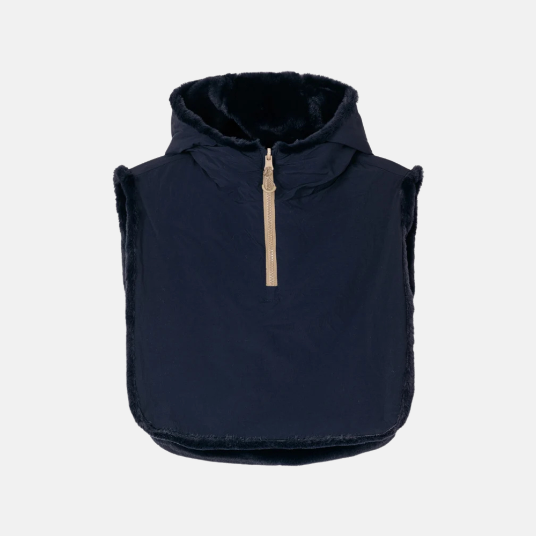 A navy blue hooded sleeveless vest with a plush faux-fur collar and hood lining, featuring a half-zip front with a gold-tone pull, shown against a light gray background.