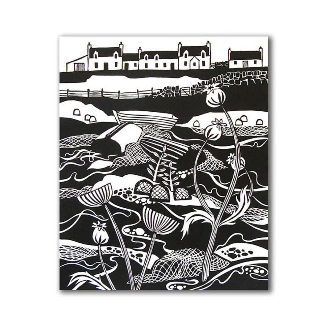 Black and white illustration of a coastal scene with houses and natural elements.