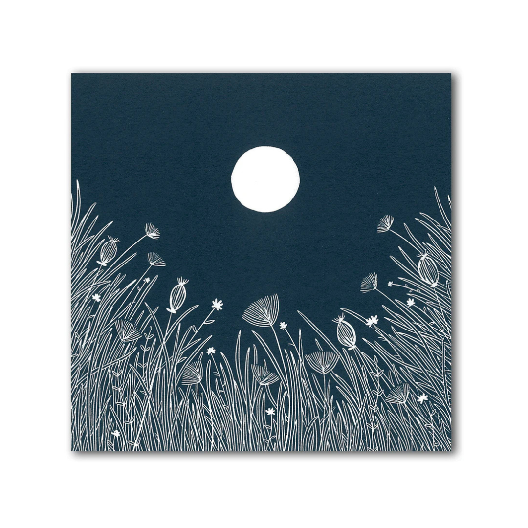 Navy blue card with white moon and floral illustrations on a white background