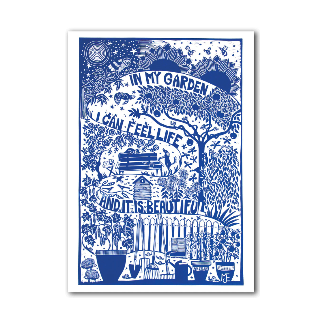 Blue and white illustration of a garden scene with text on a white background