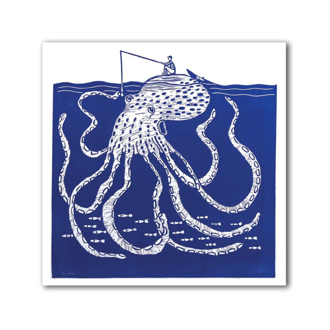 Illustration of an octopus with a fisherman on a blue background
